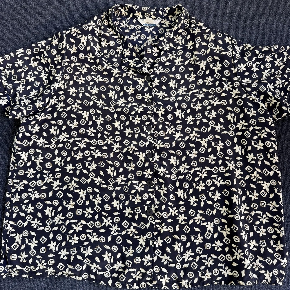 Vintage Fashion Attitudes Button Up Shirt Womens 2X Blue Floral Short Sleeve Top